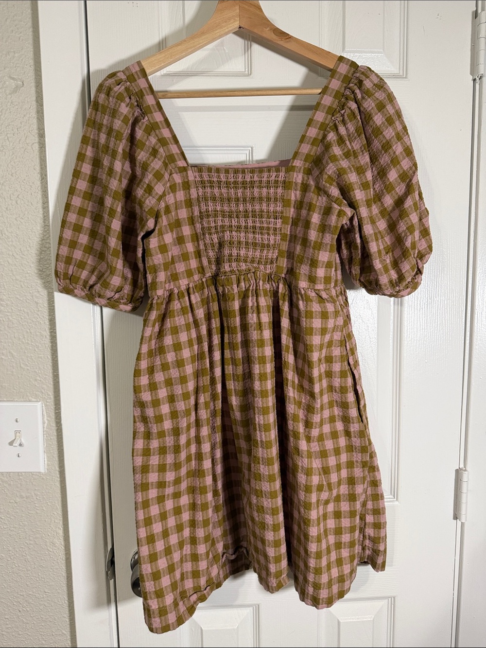 Madewell Pink & Olive Gingham Puff Sleeve Cotton Mini Dress Pockets - Picture 5 of 7